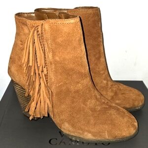 Vince Camuto Fringe Suede Leather Ankle Boots - Tan Size 6.5W "Like New"